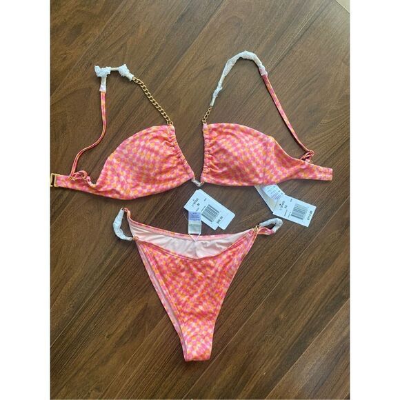 L*Space XS top and M bottom Sammie checkered gold chain bikini - Picture 5 of 8